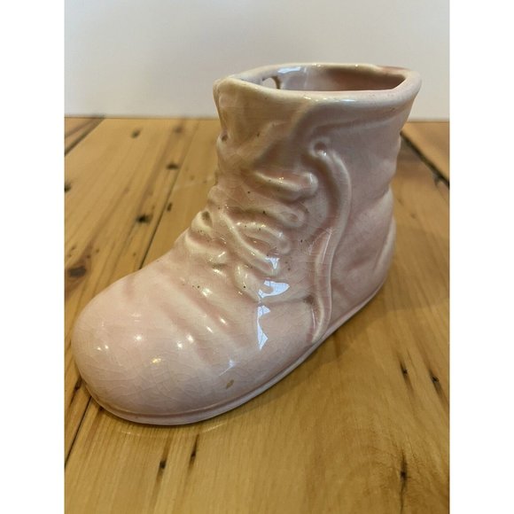 Vintage Ceramic Pink Baby Booties - Planter Pot Trinket Cup. Lace Up Boot Shoe - Picture 1 of 6